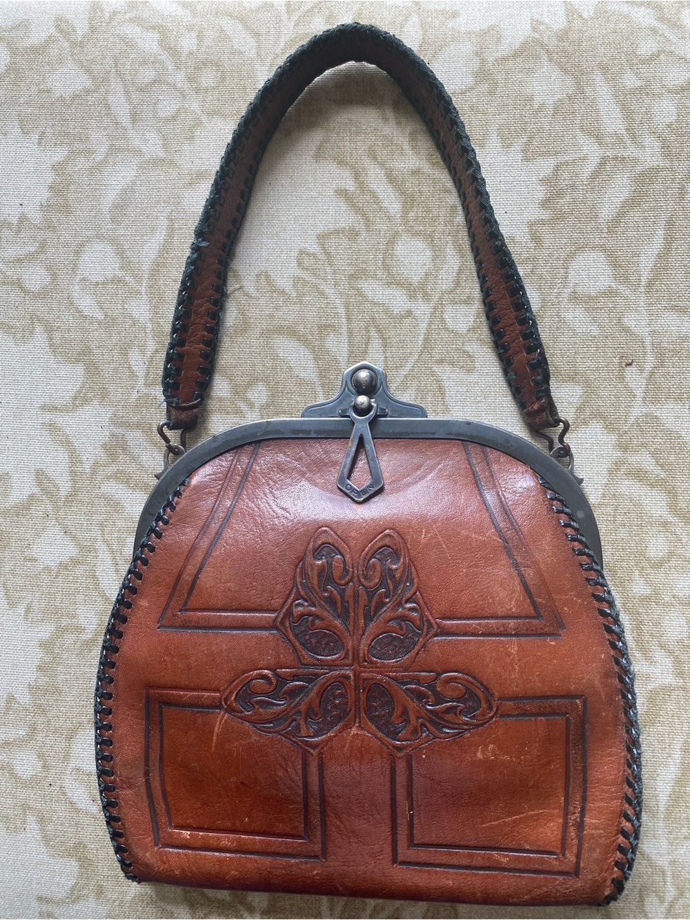 Arts & Crafts Brown Leather Handbag w/ Whipstitch Stitching  & Turnloc Clasp